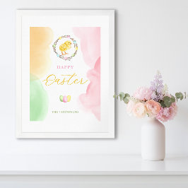 Póster Pastel Watercolor Splashes And Chick Happy Easter