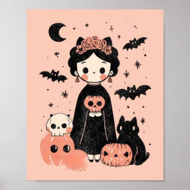 Póster Pasteloween Frida Kahlo Nursera de Halloween rosa (Frente)