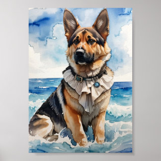 Póster Pastor alemán acuarela en la playa 5