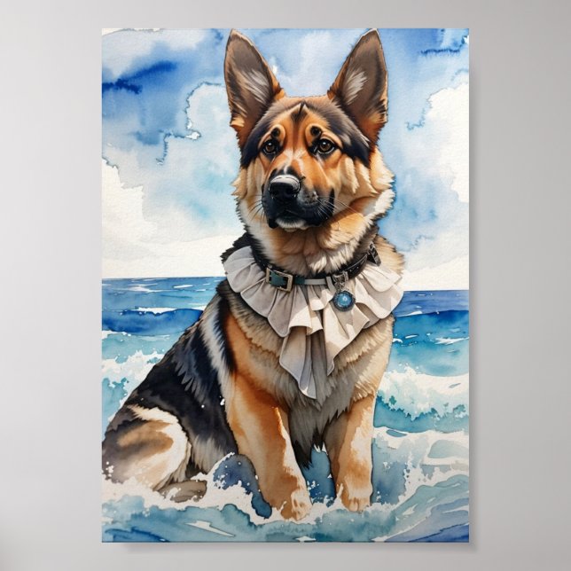 Póster Pastor alemán acuarela en la playa 5 (Frente)