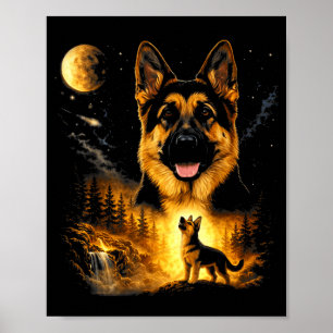Póster Pastor Alemán Aullando A La Luna Vintage Místico