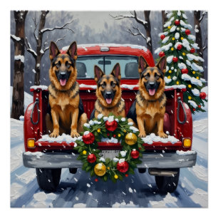 Póster Pastor Alemán Camioneta Roja Navidad Fiesta