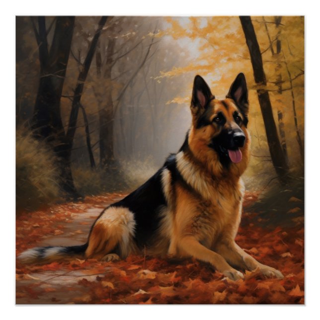 Póster Pastor alemán en otoño se inspira en las hojas de  (Anverso)