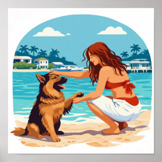 Póster Pastor alemán feliz y mujer unidos en la playa