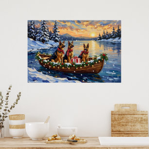 Póster Pastor Alemán Navidad Barco Fiesta