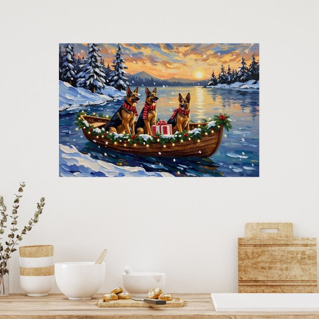 Póster Pastor Alemán Navidad Barco Fiesta (Cocina)