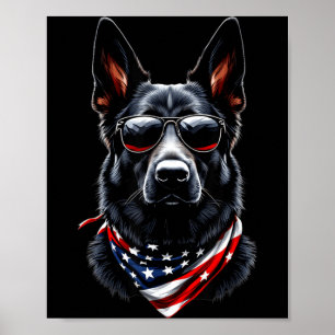 Póster Pastor Alemán Negro Bandera Americana 4 de Julio