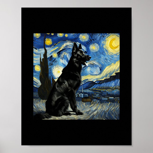 Póster Pastor Alemán Negro Noche Estrellada Van Gogh Grac (Frente)