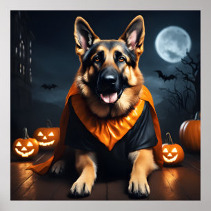 Póster Pastor alemán perro con calabazas en la noche de H