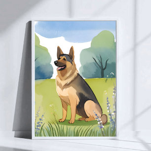 Póster Pastor Alemán   Pintura Acuarela de Perro
