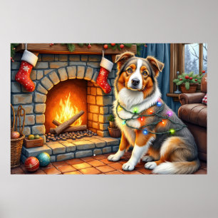 Póster Pastor Australiano Chimenea con Luces de Navidad