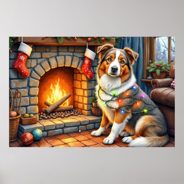 Póster Pastor Australiano Chimenea con Luces de Navidad (Frente)