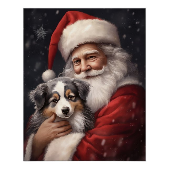 Póster Pastor australiano con Navidades de Santa Claus (Anverso)