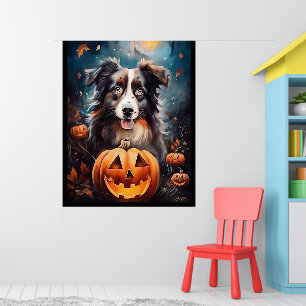 Póster Pastor Australiano De Halloween Con Calabazas De M