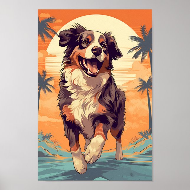 Póster Pastor australiano en una playa tropical (Frente)