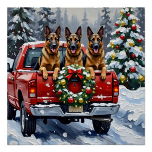 Póster Pastor Belga Navidad Camión Rojo Fiesta