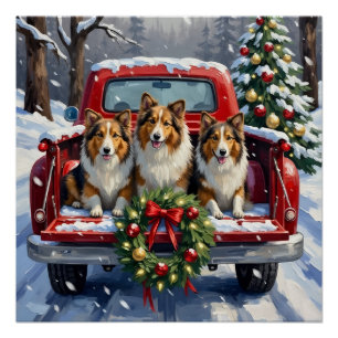 Póster Pastor de Shetland Camión Rojo de Navidad Fiesta