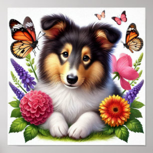 Póster Pastor de Shetland con Flores y Mariposas