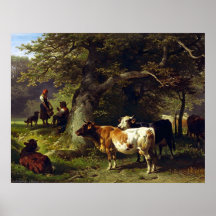 Pastor y rebaño de vacas en el estanque