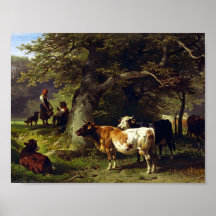 Pastor y rebaño de vacas en el estanque