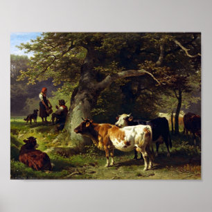 Póster Pastor y rebaño de vacas en el estanque