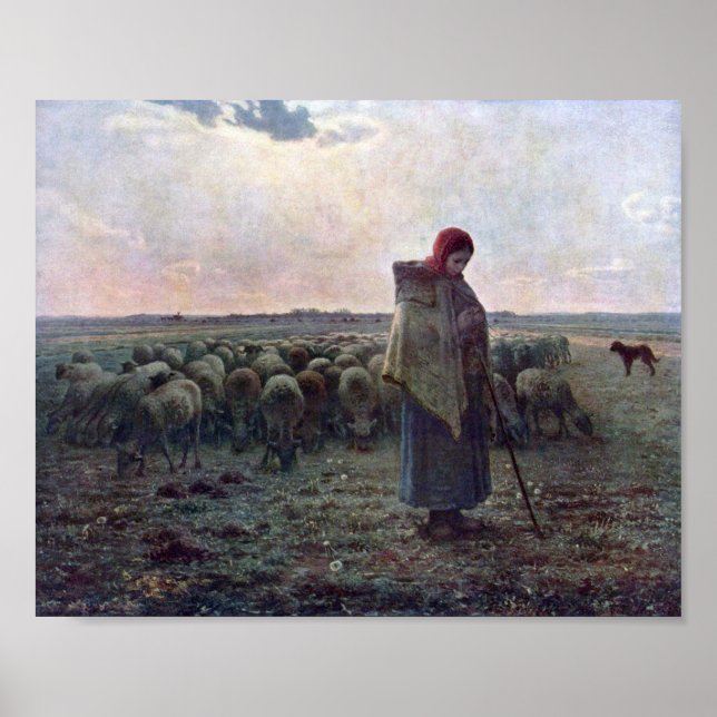 Póster Pastora con su rebaño, Jean-Francois Millet (Frente)