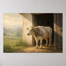 Póster pastoral de vaca en la puerta del granero