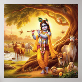 Póster Pastoral Serene Dorado Krishna Flute Scene Art
