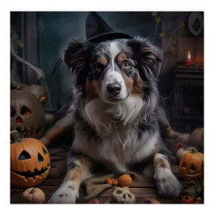 Póster Pastores Australianos Calabazas Halloween Espeluzn