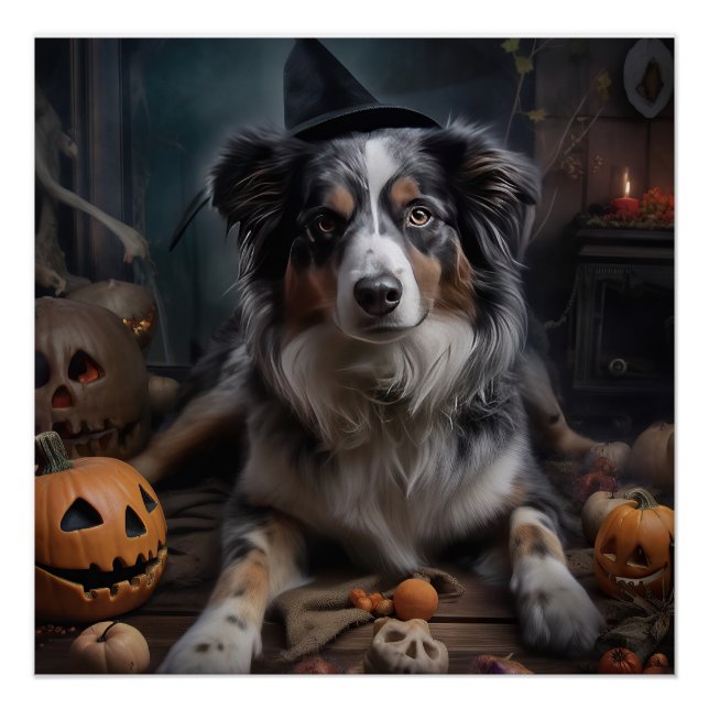 Póster Pastores Australianos Calabazas Halloween Espeluzn (Anverso)