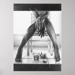 Póster Patas femeninas, vidrio y rosa Dibujo a lápiz