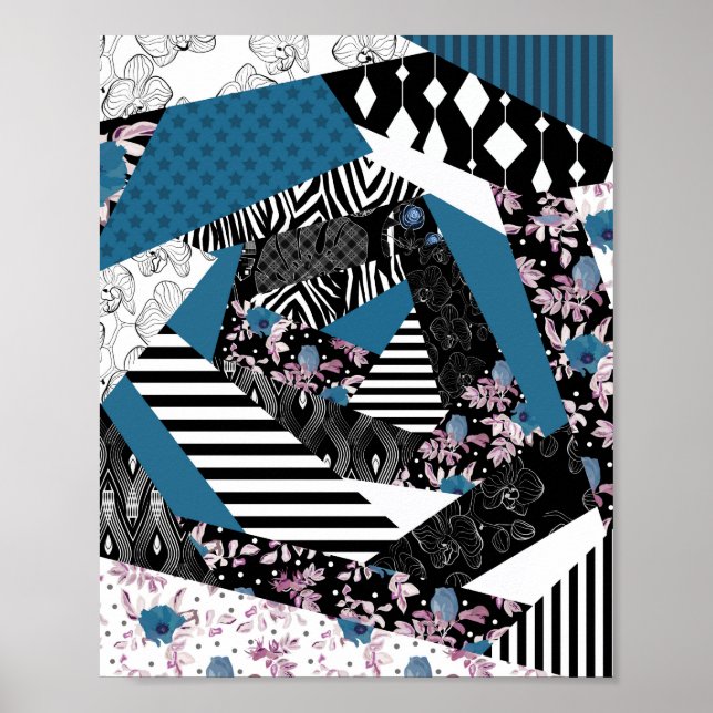 Póster Patchwork azul, popular, retoques, folclórico, rús (Frente)
