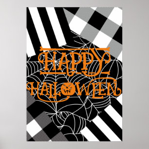 Póster Patchwork de Halloween de telaraña en blanco y neg