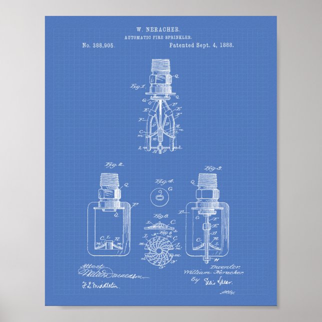 Póster Patente Auto Fire Sprinkler 1888 - Blueprint (Frente)