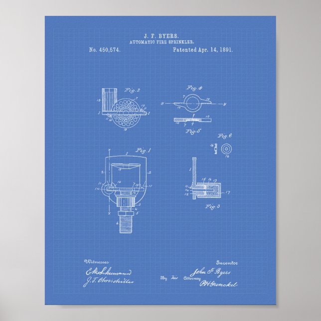 Póster Patente Auto Fire Sprinkler 1891 - Blueprint (Frente)
