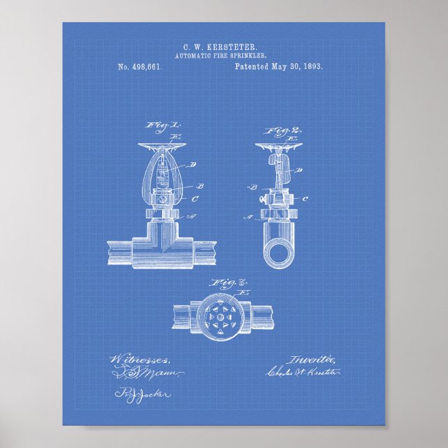 Póster Patente Auto Fire Sprinkler 1893 - Blueprint (Frente)