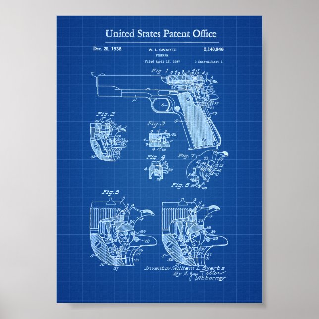 Póster Patente de armas de fuego Colt 1911 - Blueprint (Frente)