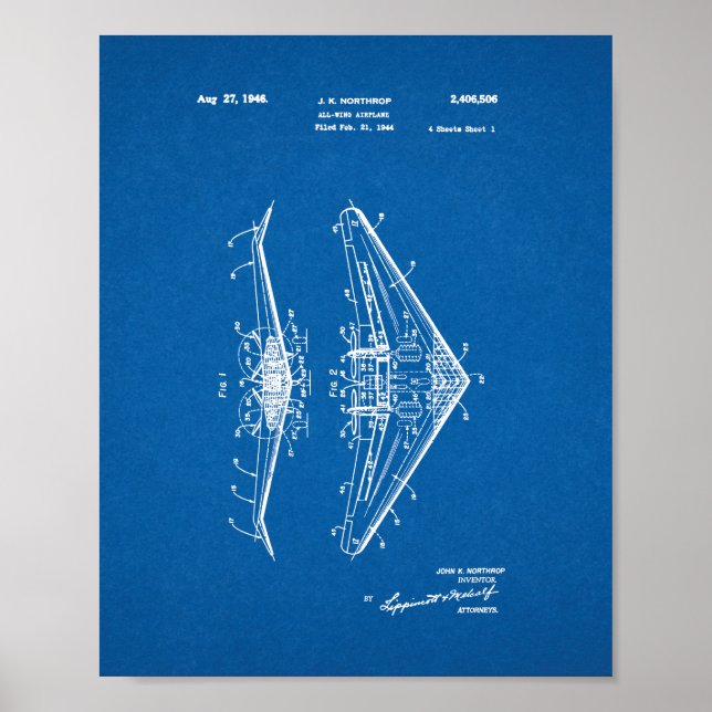 Póster Patente de avión de ala completa - Blueprint (Frente)