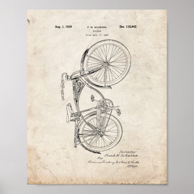 Póster Patente de bicicletas Schwinn - Viejo aspecto (Frente)