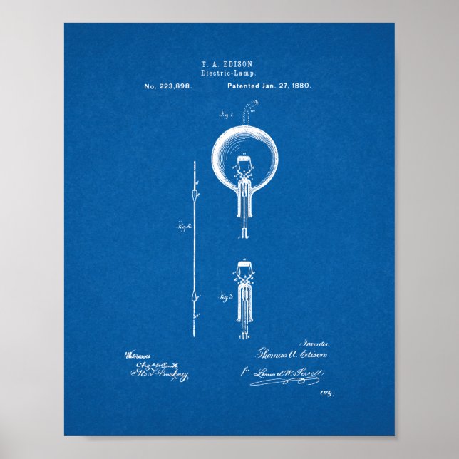 Póster Patente de bombillas Thomas Edison - Blueprint (Frente)