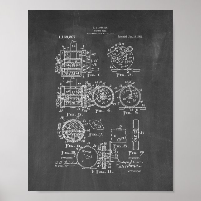 Póster Patente de carrete de pesca - Chalkboard (Frente)