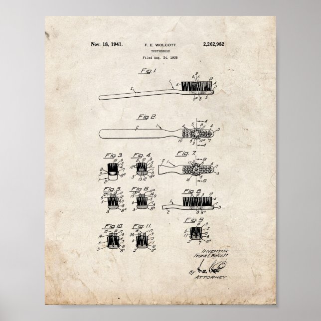 Póster Patente de cepillo de dientes - aspecto antiguo (Frente)