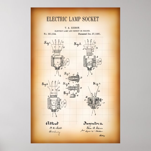 PÓSTER PATENTE DE ENCHUFE DE LA LÁMPARA ELÉCTRICA DE 1881 (Frente)