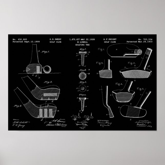 Póster Patente de golf de época Poster 2 blanco sobre neg (Frente)