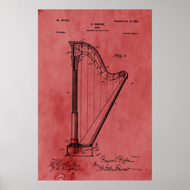 Póster Patente de Harp Rosa Vintage (Frente)