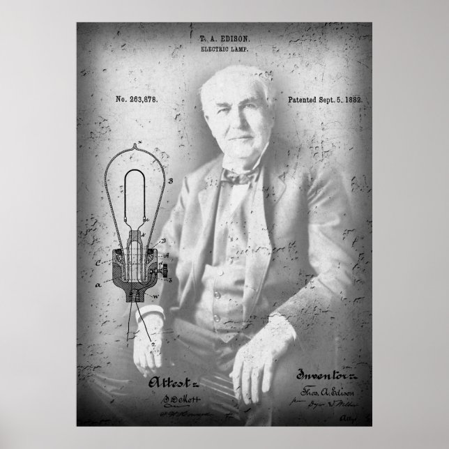 Póster Patente de lámpara eléctrica - Edison 1882 (Frente)