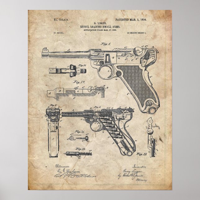Póster Patente de Luger Pistol Parabellum (Frente)