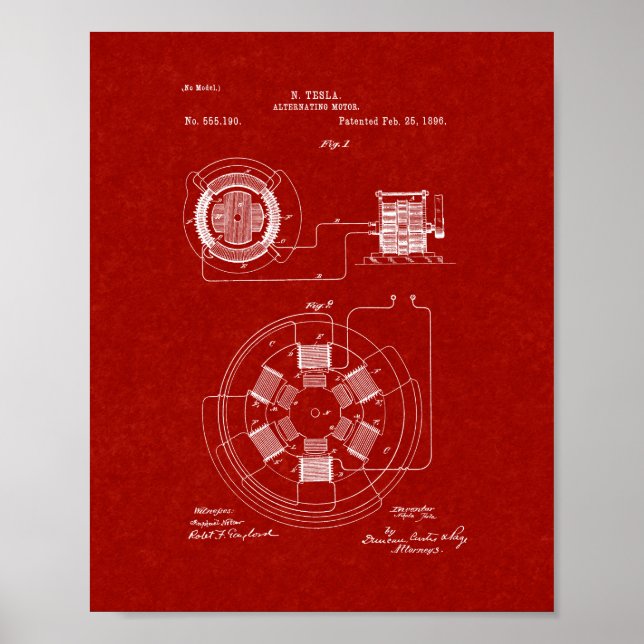 Póster Patente de motor alternativo Tesla - Rojo borgoños (Frente)