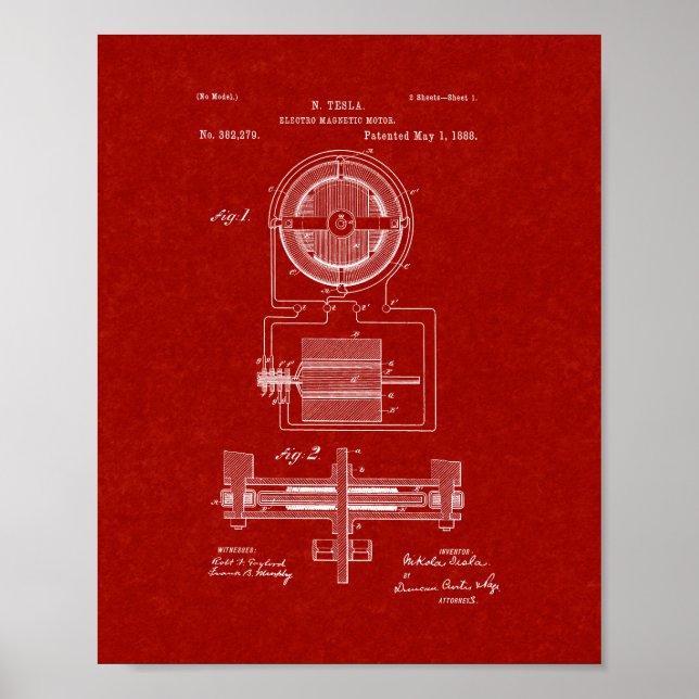 Póster Patente de motor electromagnético Tesla - Rojo bor (Frente)