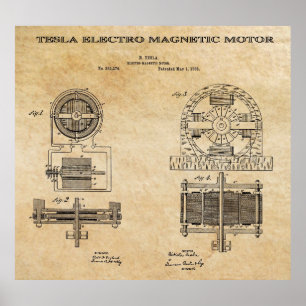 PÓSTER PATENTE DE MOTOR MAGNÉTICO ELECTRO DE TESLA 1888